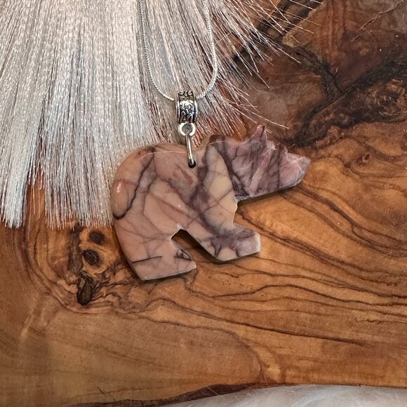 Kona Dolomite Bear Necklace – 18" Sterling-Coated Chain - Picture 1 of 5